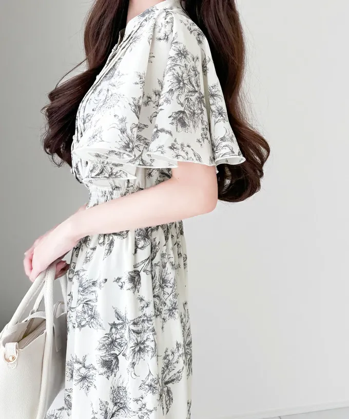 日本 Classical Elf - 優雅質感荷葉袖碎花洋裝-甜美白