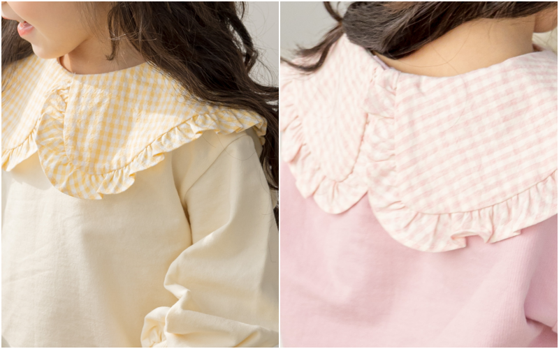 韓國 Orange Mom - 荷葉滾邊格子領泡泡袖上衣-粉紅