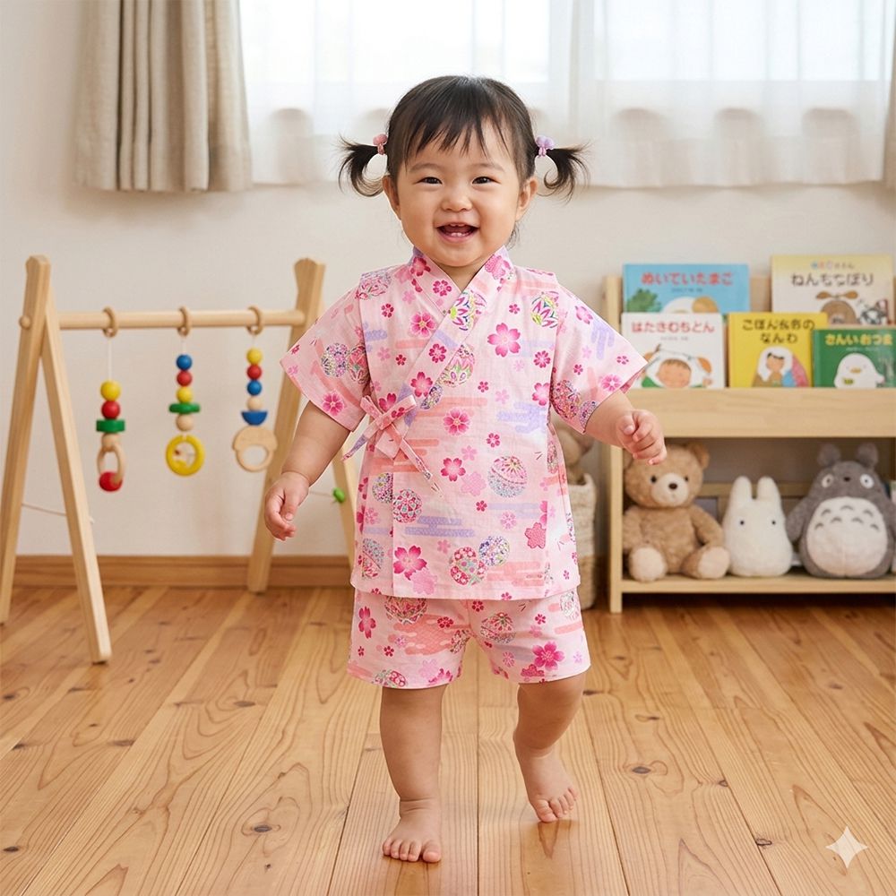 兒童兩件式甚平-兔子鞠球圖案-粉紅色