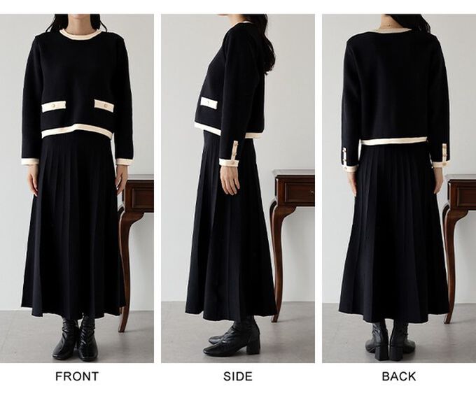 日本 BLUE EAST - 金釦滾邊針織上衣+優雅百摺長裙(2件組)-棕x藍