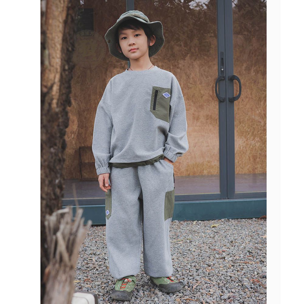 純棉華夫格長袖+長褲兩件式套裝-撞色口袋-灰色