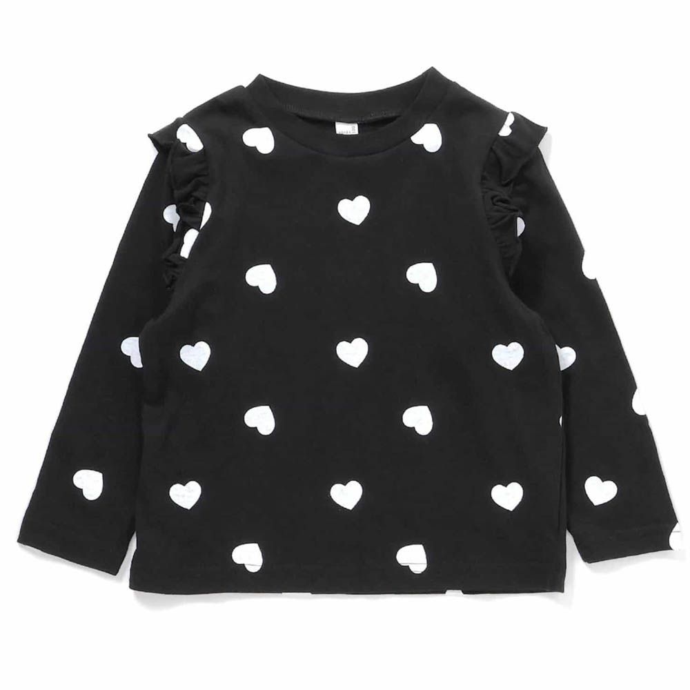 天天穿荷葉肩印花長袖上衣-滿版愛心-黑