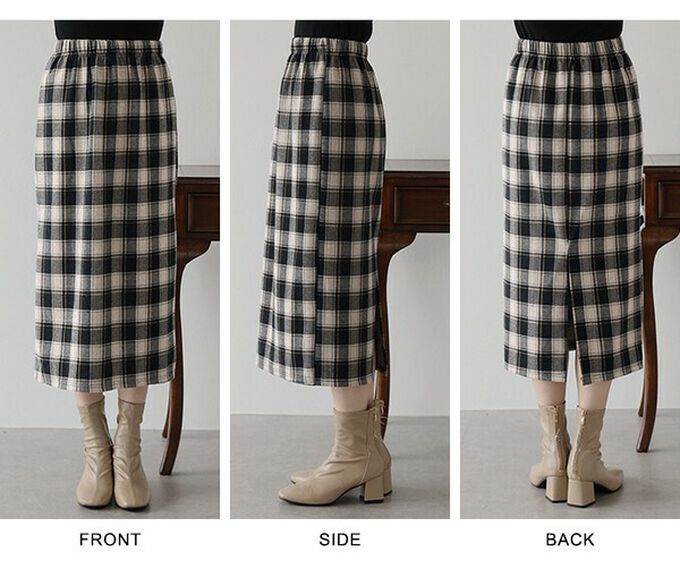 日本 BLUE EAST - 簡潔溫柔格紋後開叉合身長裙-咖啡棕