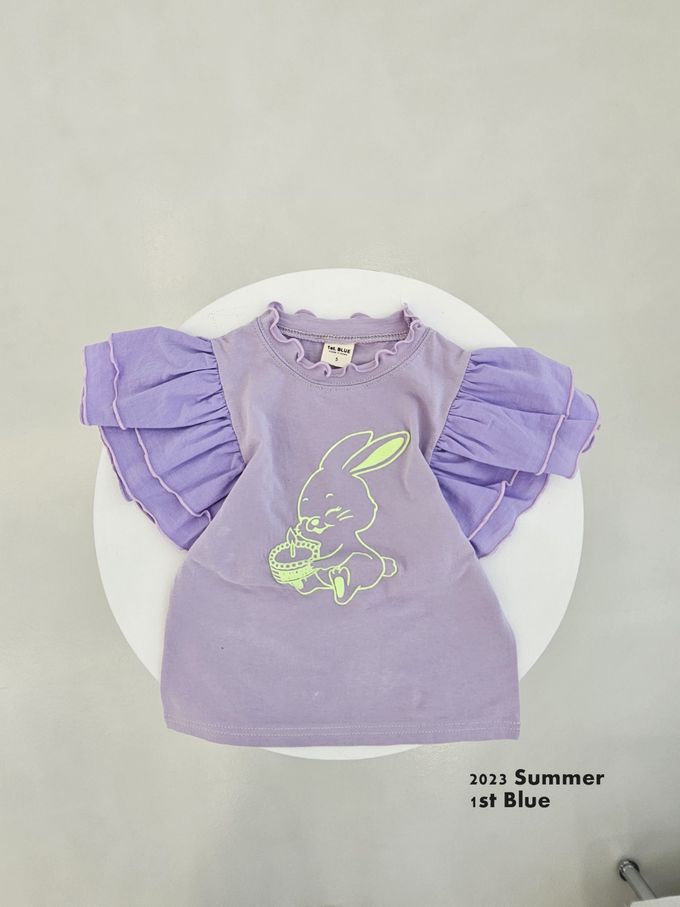 韓國 First Blue - 層次蝴蝶袖花領上衣-蛋糕兔兔-白