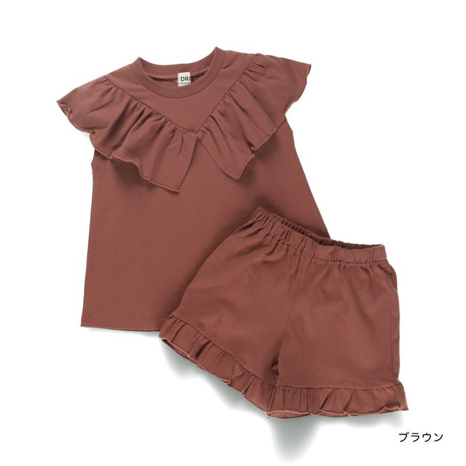 日本 BRANSHES - 俏皮荷葉大翻領短褲套裝-咖啡