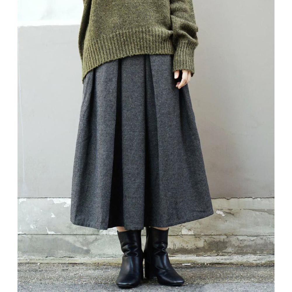 日本 zootie - 羊毛混紡層次打褶修身長裙-人字紋-黑