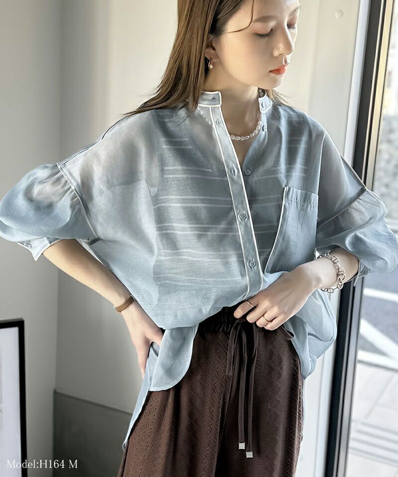 日本 Classical Elf - 優雅滾邊透膚感長袖襯衫-水藍