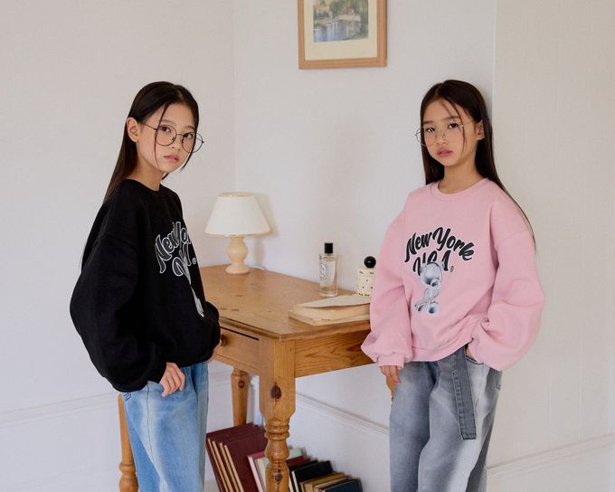 韓國 sm2 - (內磨毛)銀色小熊印長袖大學T-黑