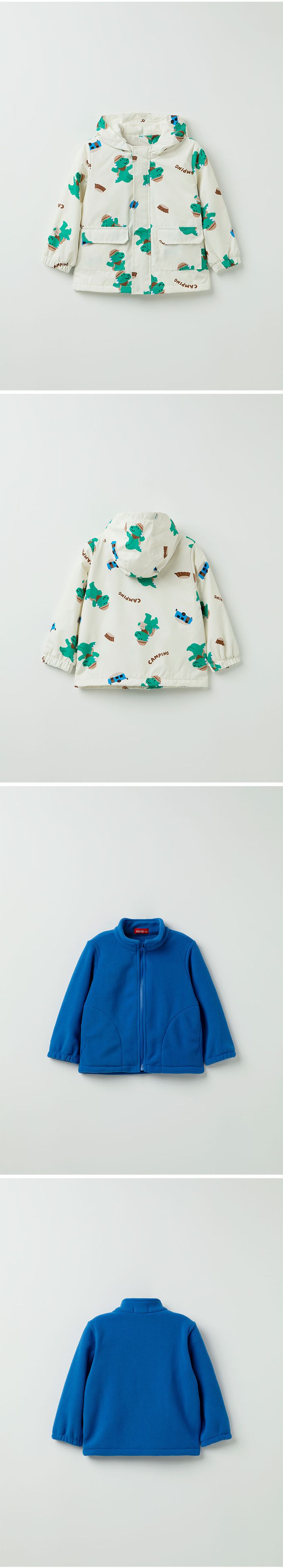 韓國 OZKIZ - (兩件式)防潑水搖粒絨連帽外套-郊遊恐龍-米白X藍