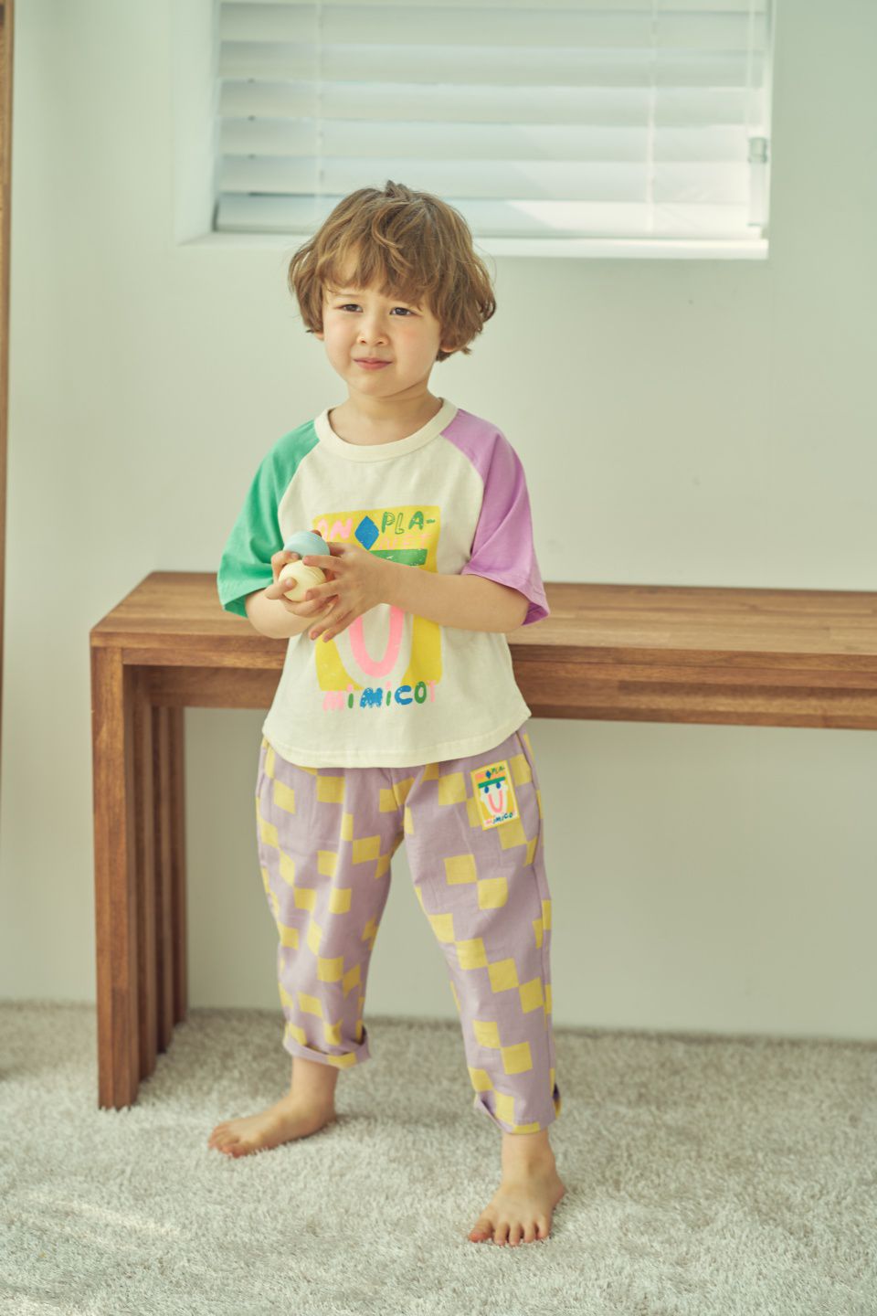 韓國 Mimico - 微笑徽章舒適純棉褲-紫格子