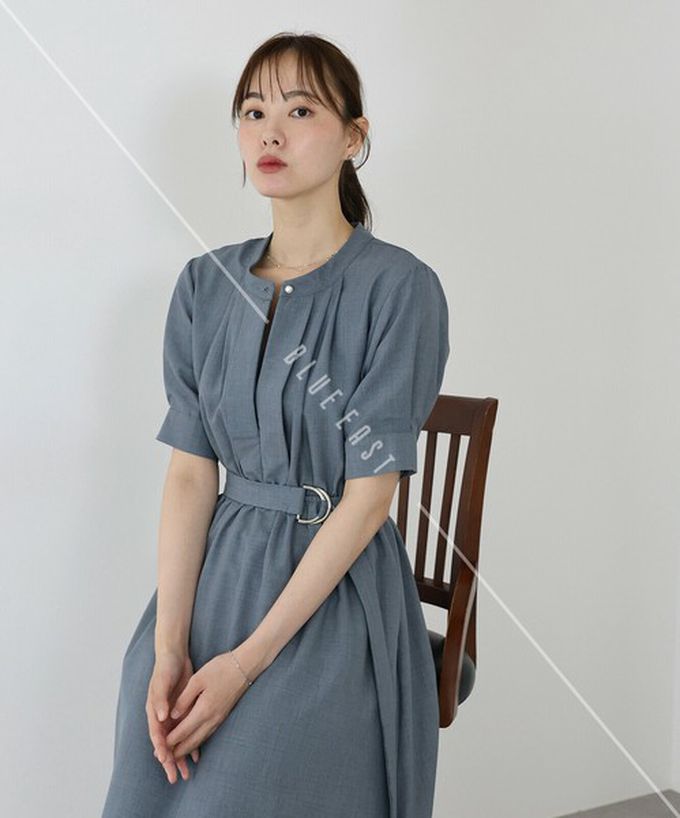 日本 BLUE EAST - 優雅打褶2way領束腰短袖洋裝-摩卡