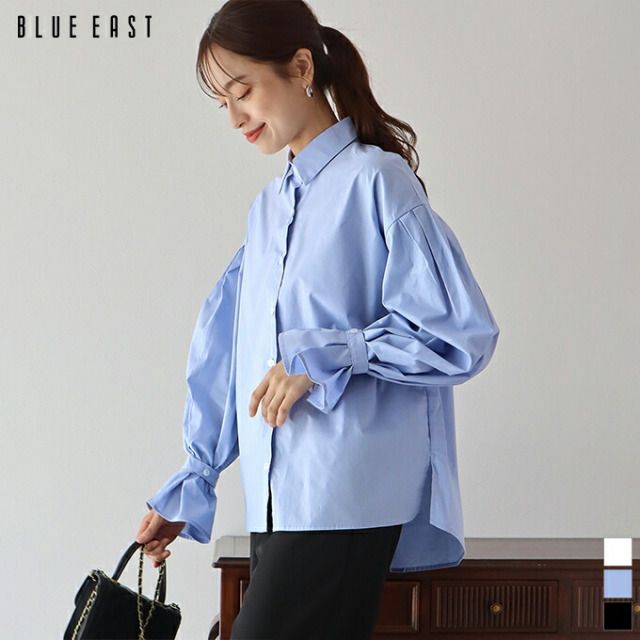 日本 BLUE EAST - 甜美翻領糖果袖襯衫-水藍