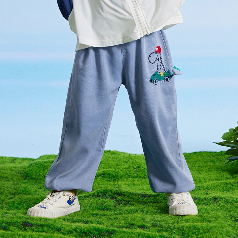 百搭牛仔束口長褲/防蚊褲-恐龍開車-牛仔藍