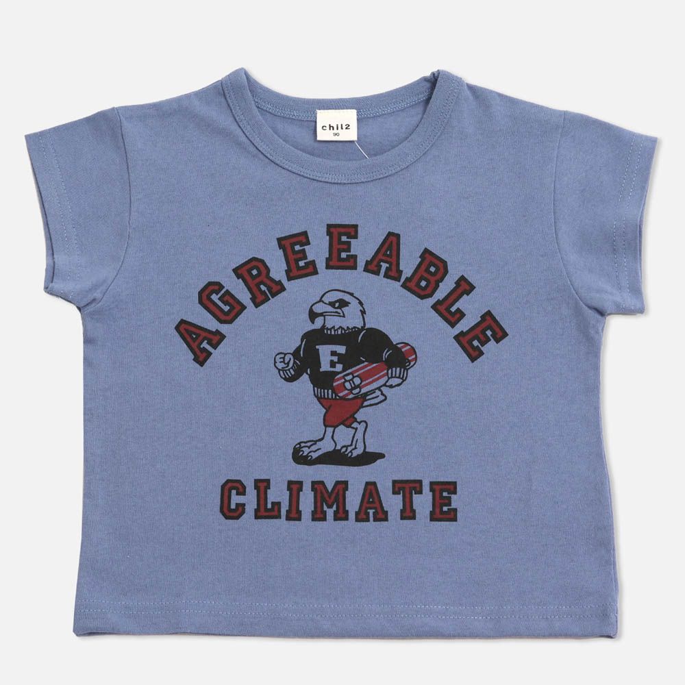 100%棉 可愛印花短袖上衣-老鷹-煙燻藍