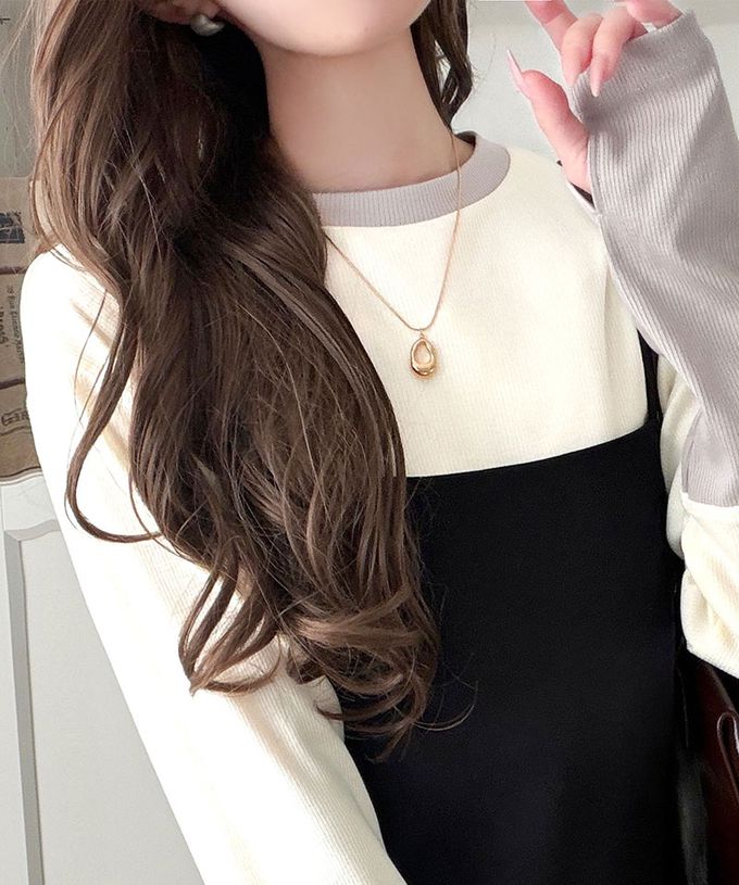 日本 Classical Elf - 時尚配色袖羅紋長袖上衣(指孔設計)-咖啡x水藍