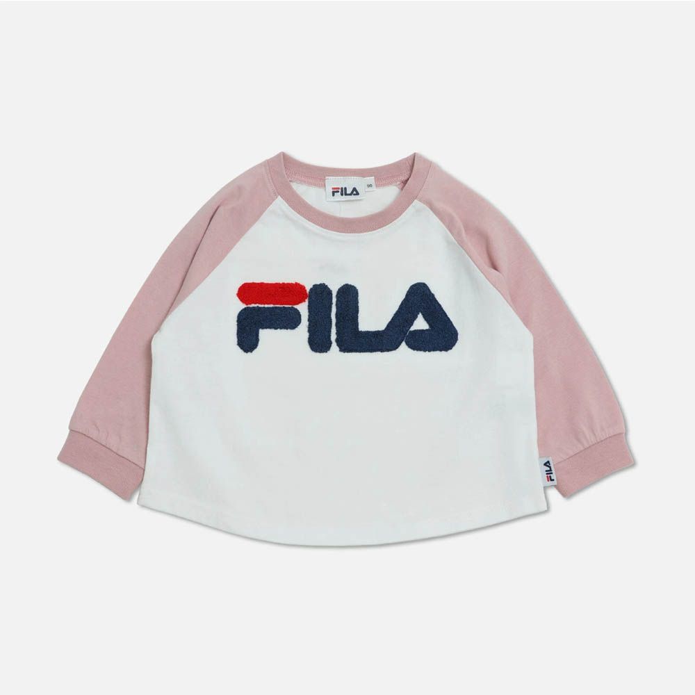 FILA聯名 品牌刺繡長袖上衣-袖子撞色-白X粉紅