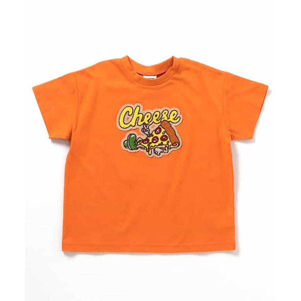 100%棉 立體繡徽刺章短袖上衣-起司披薩-橘