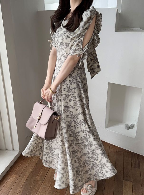 日本 GRL - 優雅歐風碎花收腰魚尾洋裝-米杏
