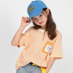 韓國 J KIDS - 胸前口袋細條紋短袖上衣-橘