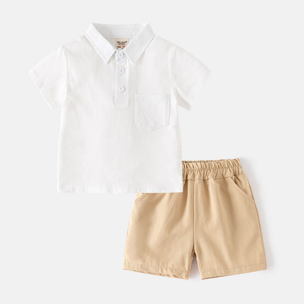 休閒翻領短袖上衣+五分褲套裝-小口袋-米白