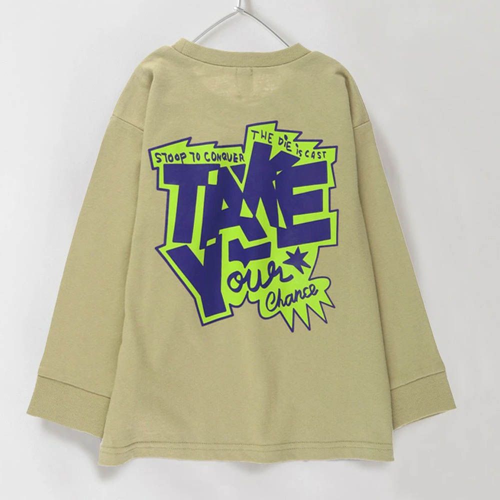 100%棉 街頭印花長袖上衣-螢光LOGO-卡其杏