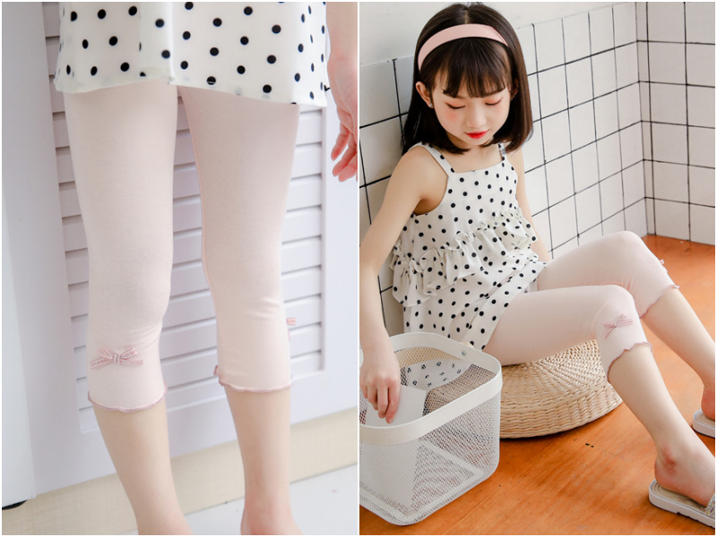 FANMOU - 七分內搭褲(莫代爾)-蝴蝶結-黑色