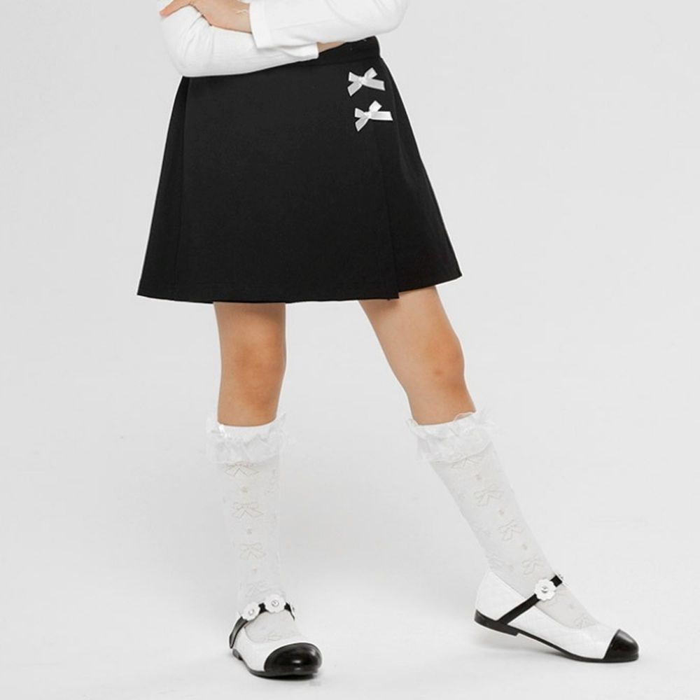 鬆緊腰緞帶蝴蝶結裝飾片裙褲-黑