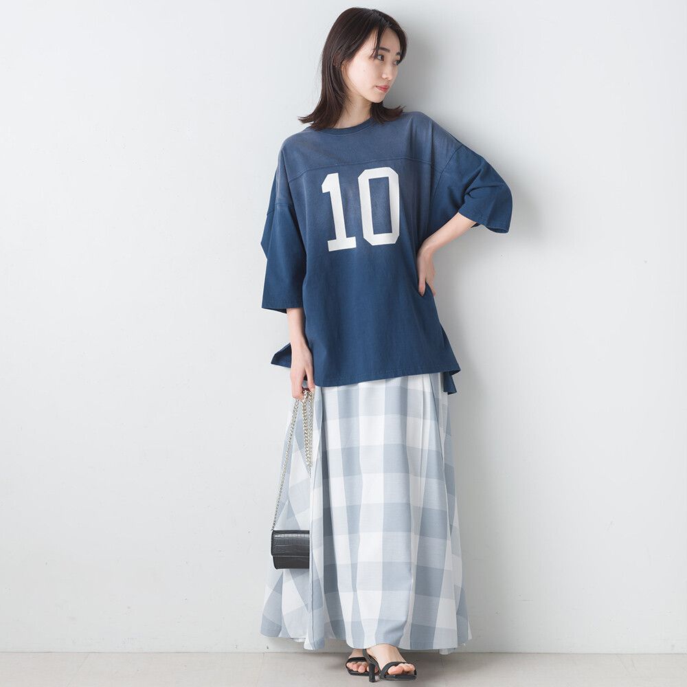 日本女裝代購 - 文藝大格紋修身長裙-淺灰藍