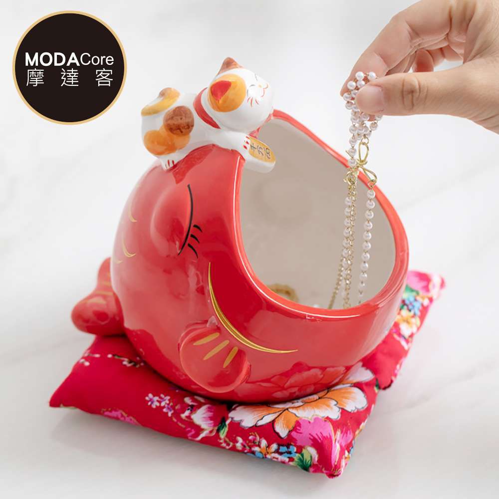 ◉開運招財◉大嘴金魚招財貓陶瓷糖果罐(含坐墊)_擺飾桌飾