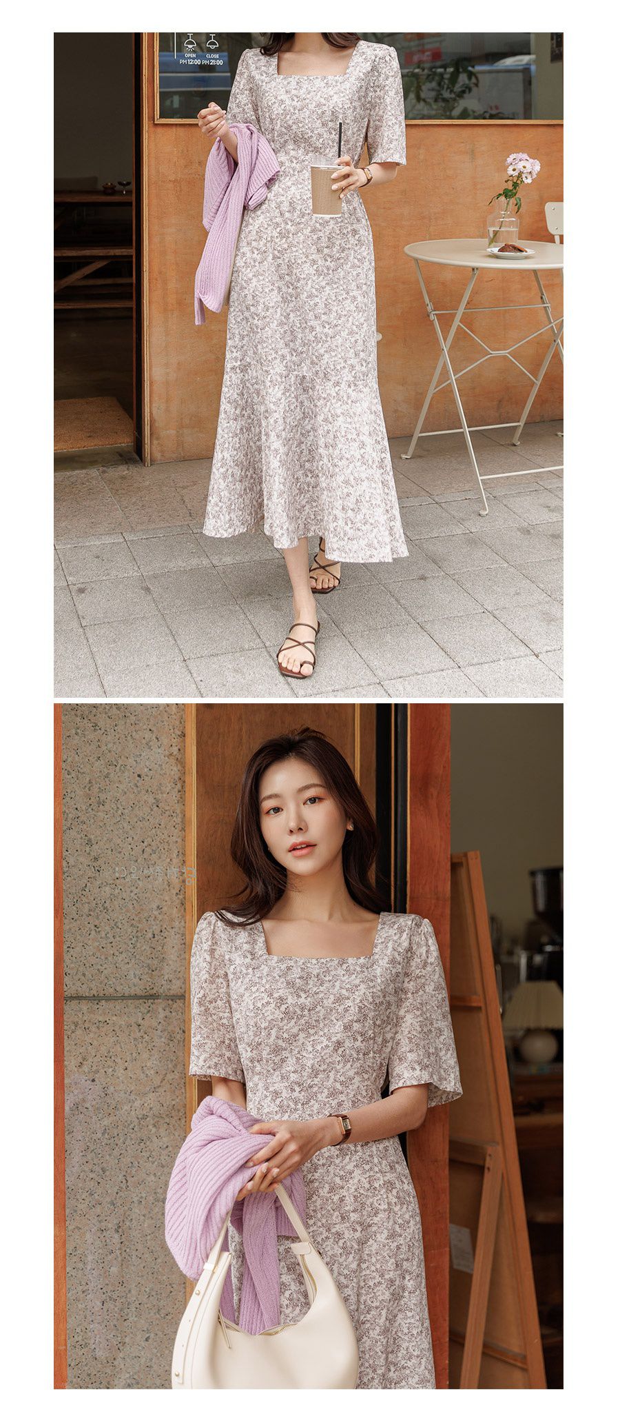 韓國 Urbantheroom - ㄩ字領收腰綁帶拼接洋裝-白底碎花 (Free)