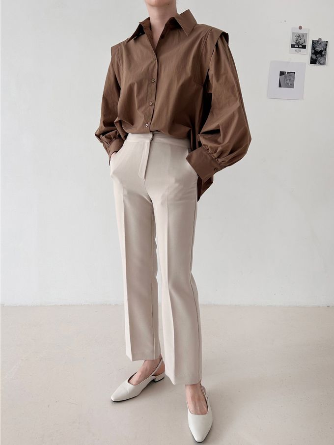 韓國女裝連線 - 知性拼接感長袖襯衫-咖啡 (FREE)