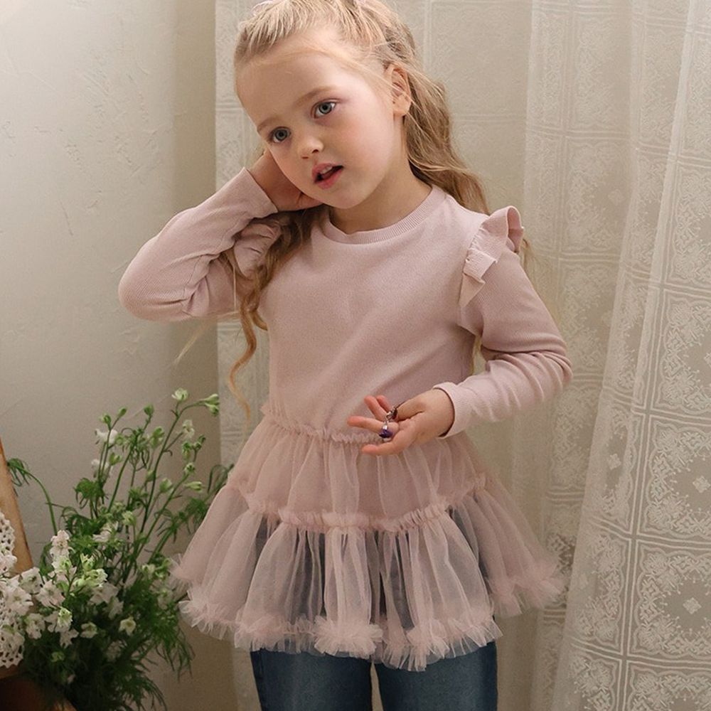 Puellaflo 甜心抓褶飛袖拼接紗裙迷你洋裝-粉