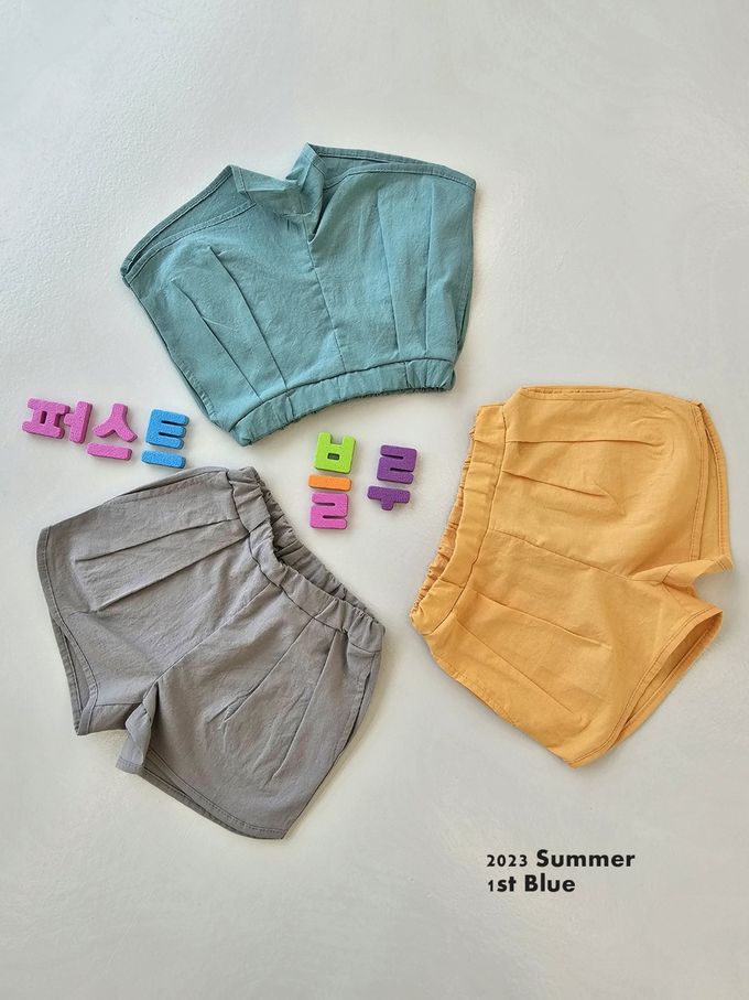 韓國 First Blue - 鬆緊腰日常好搭褶線短褲-亮黃