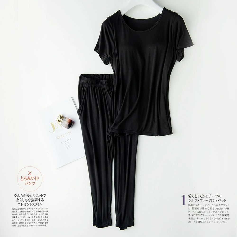 莫代爾絲柔Bra家居服套裝-短袖X七分褲-黑