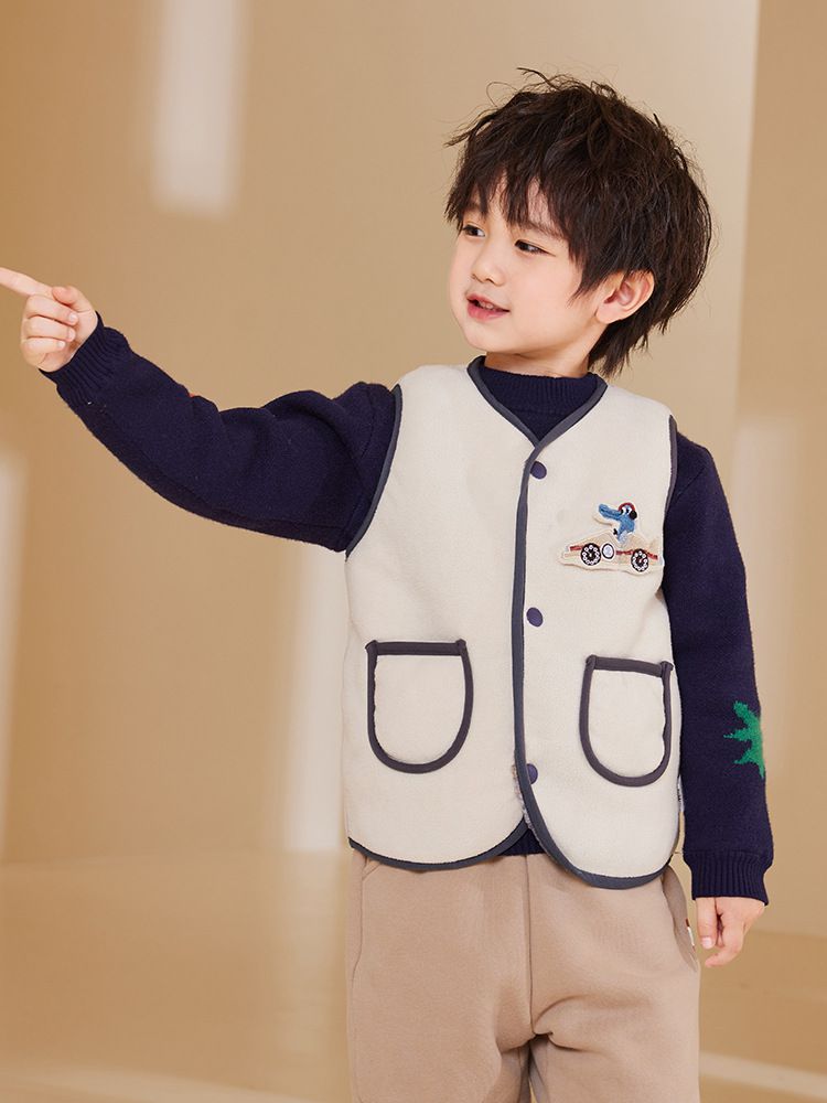 搖粒絨保暖兒童背心-賽車鱷魚-灰色