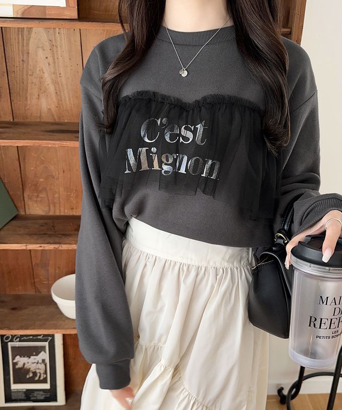 日本 Classical Elf - 胸前薄紗裏起毛休閒T恤-淺灰