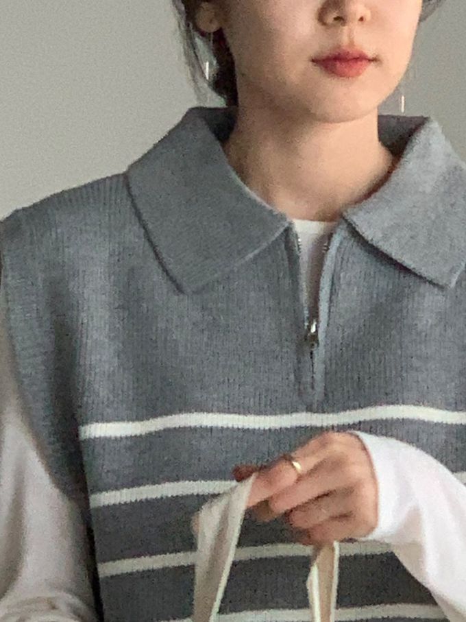 韓國女裝連線 - 拉鍊翻領條紋針織背心-灰 (FREE)