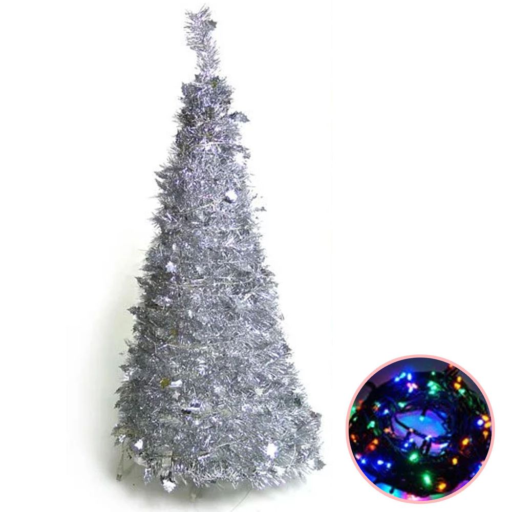 MODACore 摩達客 - 耶誕-4尺/4呎(120cm)創意彈簧摺疊聖誕樹(銀色系)+LED100燈串(彩色光)