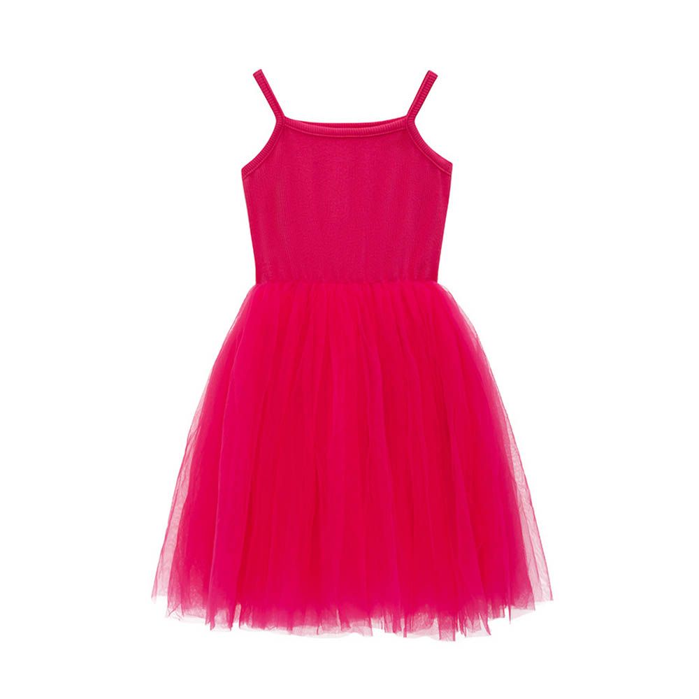 彈力螺紋細肩帶澎澎紗裙洋裝-玫紅色