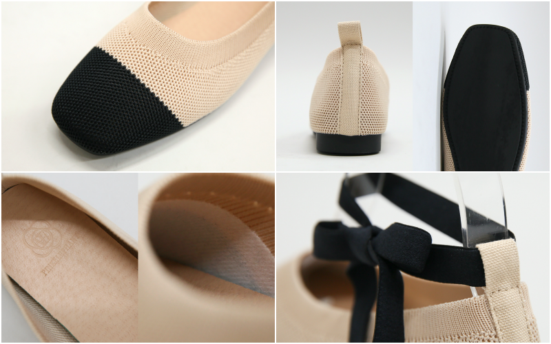 韓國 PINKELEPHANT - 針織綁帶平底包鞋(1.5cm)-杏