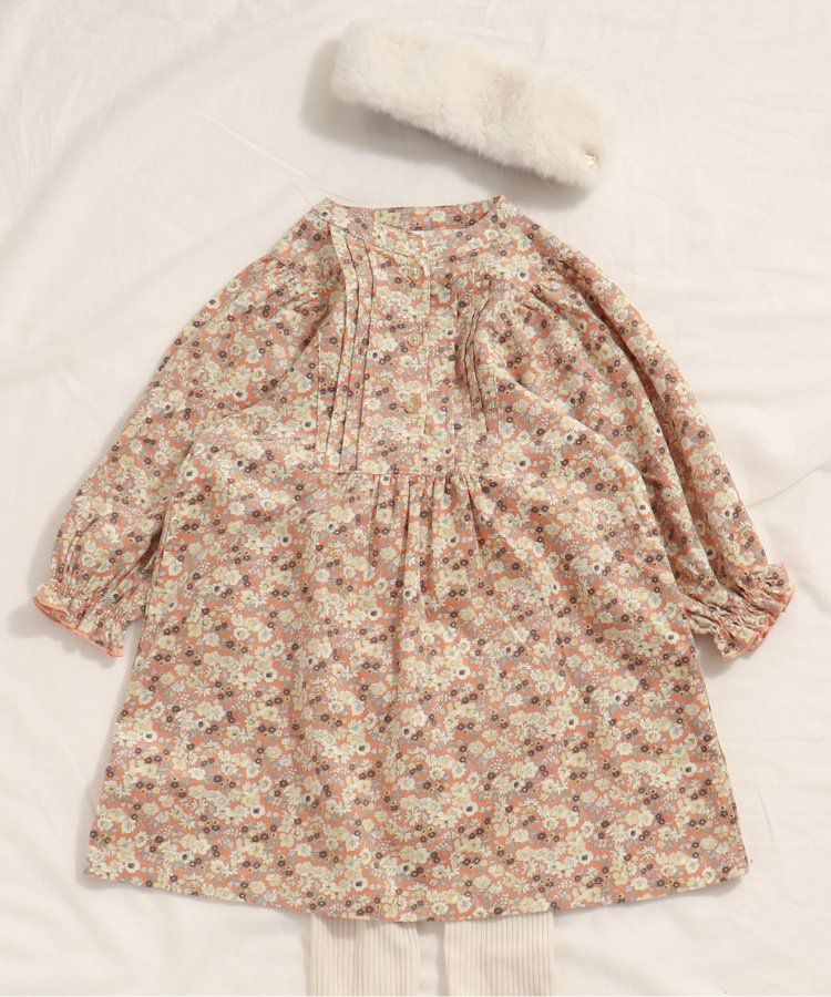 日本 apres les cours - 襯衫領微甜束口長袖洋裝-碎花-海軍藍