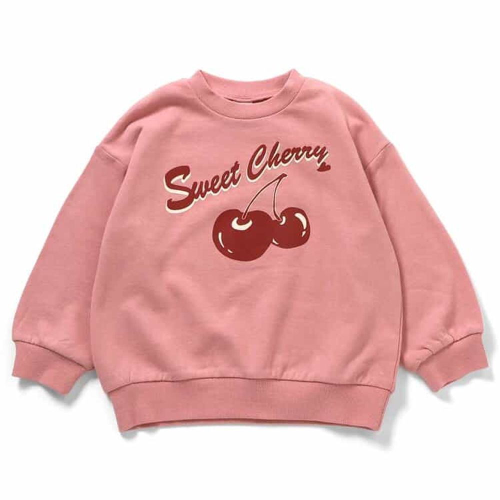 美式印花純棉裏毛長袖上衣-櫻桃-粉紅