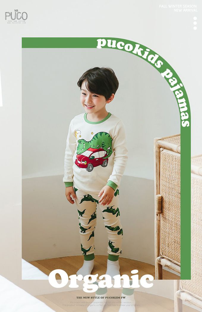 正韓 Puco - 超優質嬰幼兒/兒童長袖100% 有機純棉家居服/睡衣-恐龍與車