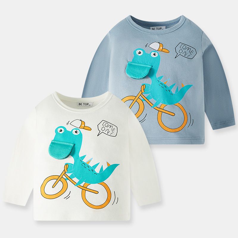 純棉圓領立體長袖上衣-翻翻嘴恐龍-米白色