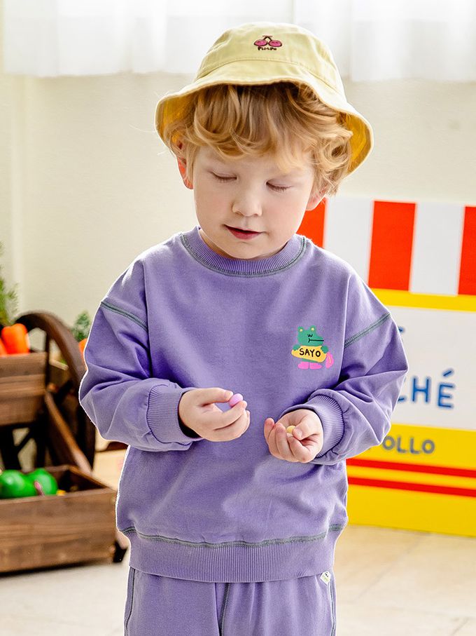 韓國 Pimpollo - 胸前鱷魚點綴圓領長袖套裝-粉橘