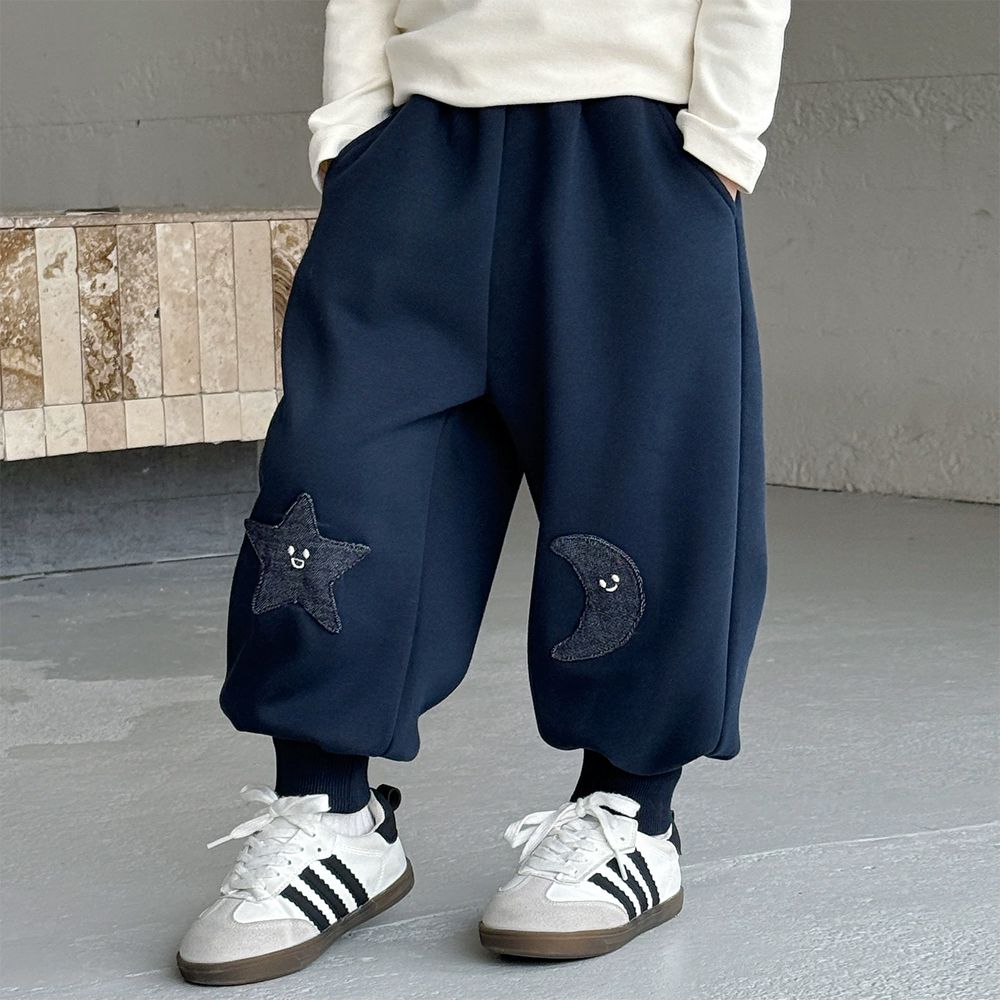 加絨款運動休閒長褲-星星月亮-藏青
