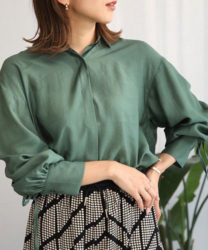 日本 Bou Jeloud - 個性抽繩設計長袖襯衫-淺墨綠