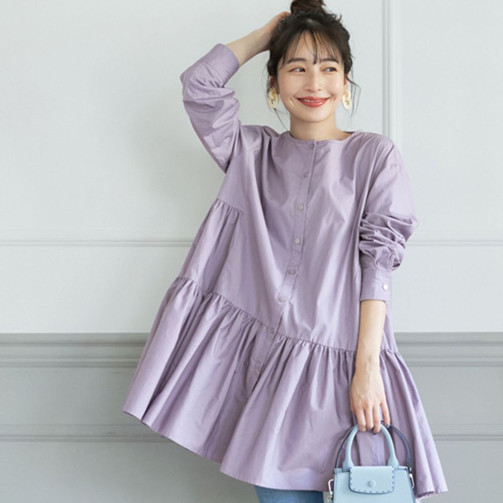 日本 COCA - 純棉荷葉裙襬寬版襯衫/洋裝/外套-紫 (L)