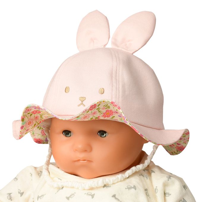 akachan honpo - 寬簷帽-兔耳 小花-粉紅色