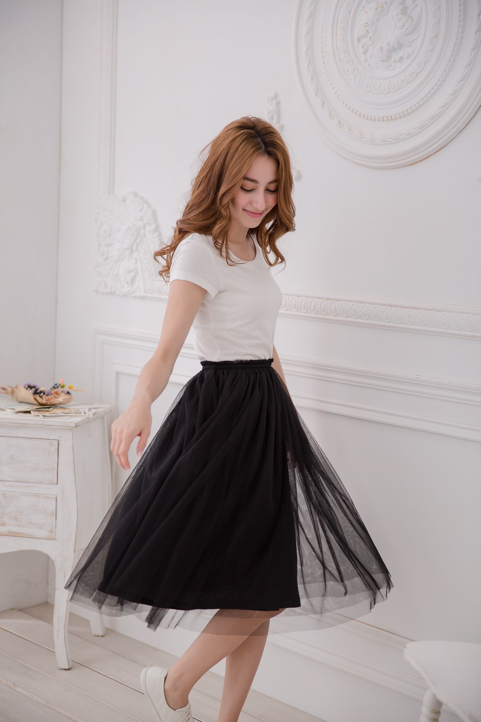 Peachy - 獨家訂製綿柔半身紗裙-半身中長版-華麗黑 (F)